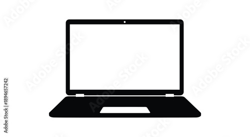 A stark black silhouette of a modern laptop computer is prominently displayed against a clean white background silhouette