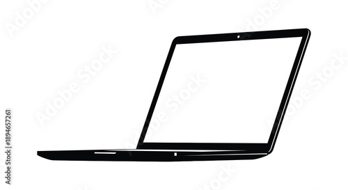 A stark black silhouette of an open laptop computer rests on a white background emphasizing modern technology silhouette