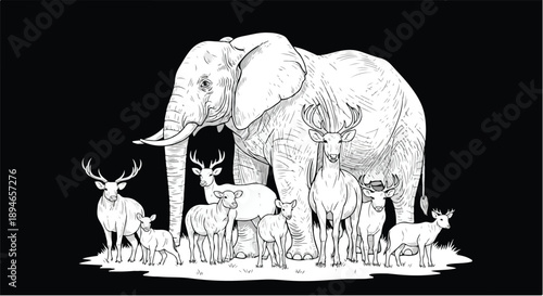 Herd of diverse animals on black background