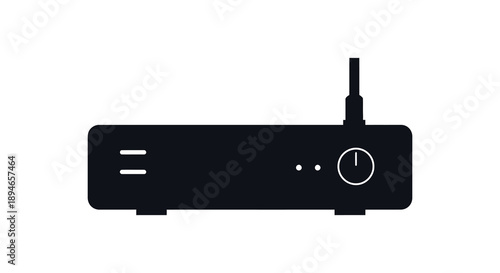A stark black silhouette of a modern wireless router with antenna showing ports and lights silhouette high quality