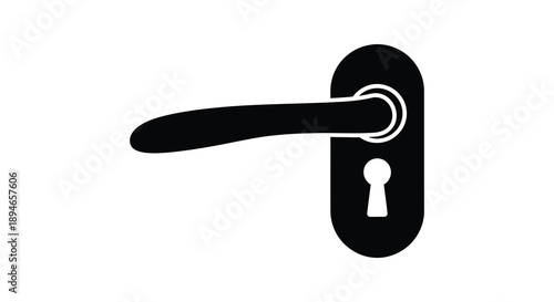 A black door handle with a keyhole is prominently displayed against a plain white background a stark silhouette