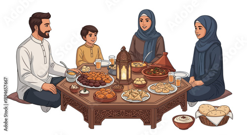 Illustration of a Muslim family sharing a traditional Iftar and Suhoor meal on a dining table with a warm and inviting atmosphere.