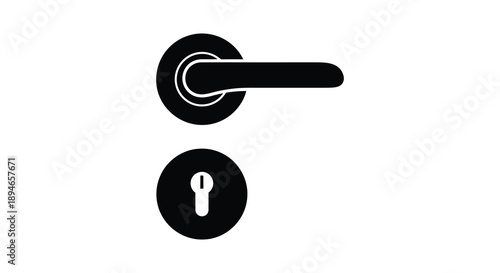 A stark black door handle and keyhole are presented against a plain white background a bold silhouette