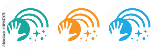 Clean, cleaning, shine icon symbol for use on mobile apps, print media and web design or any type of design projects. Vibrant hand and rainbow illustrations in modern design