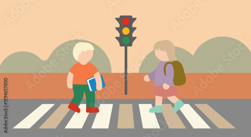 Children crossing road at pedestrian crossing with traffic light.