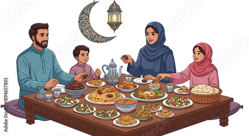 Illustration of a Muslim family sharing a traditional Iftar and Suhoor meal together on a dining table with a crescent moon in the background, symbolizing Ramadan.