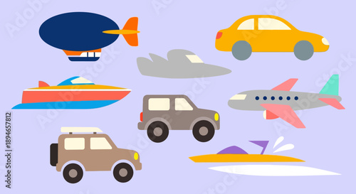 Various cartoon vehicles on a purple background.