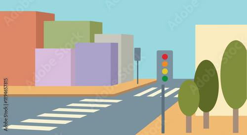 Urban cityscape with traffic light and buildings.