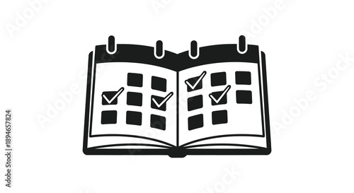 A black and white open calendar icon with checked dates representing scheduling planning and organization silhouette high quality