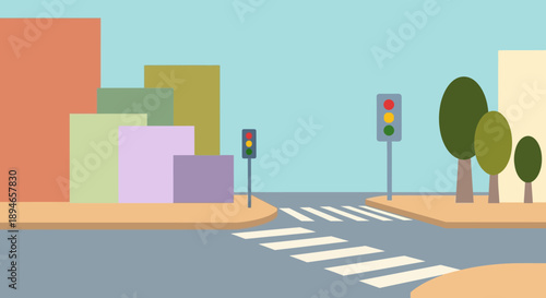 Colorful city street with traffic lights and buildings.