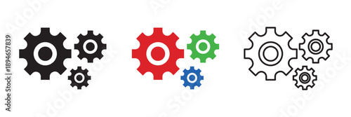 Three Gear Icons Set for System Settings. Multiple gear icons in black outline and colorful styles, representing settings, configuration, teamwork, and technical process technology development. 