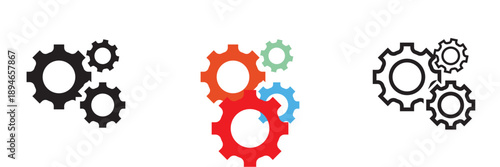 Three Gear Icons Set for System Settings. Multiple gear icons in black outline and colorful styles, representing settings, configuration, teamwork, and technical process technology development. 
