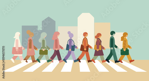 Diverse group of people crossing the street in a city.