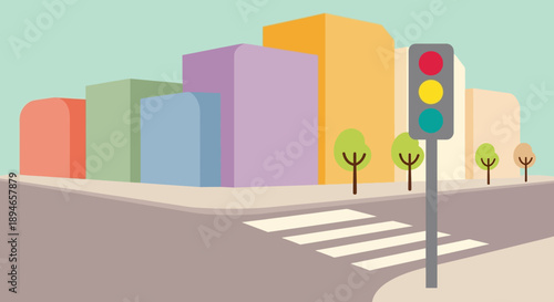 Colorful cityscape with traffic light and pedestrian crossing.