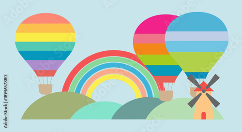 Colorful hot air balloons and rainbow over rolling hills with windmill.