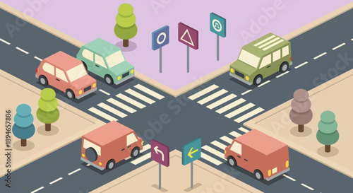 Isometric illustration of a busy road intersection with cars and traffic signs.