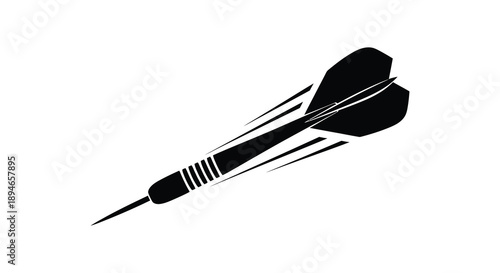 A sharply focused black dart is depicted in flight against a plain white background a striking silhouette