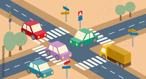 Busy road intersection with cars and pedestrian crossing.
