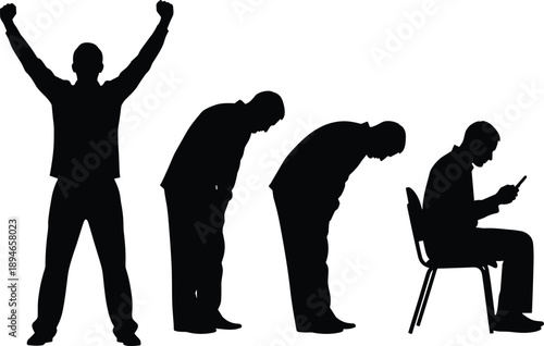 Set of black silhouettes featuring a man cheering bowing in exhaustion and sitting with a smartphone for lifestyle and technology concepts.