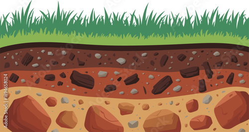 A detailed cross-section of soil layers showing grass, dark earth, gravel, and large rocks in a scientific cutaway view