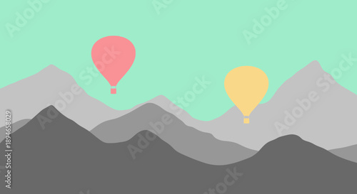 Colorful Hot Air Balloons Soaring Above Mountain Landscape.