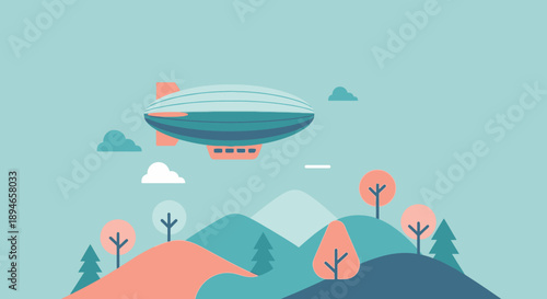 UFO flying over a serene landscape with hills and trees.