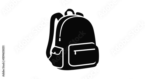 A black silhouette of a school backpack against a white background showcasing a simple modern design silhouette
