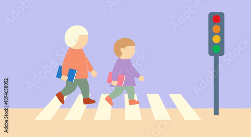 Two children crossing the road at a pedestrian crossing with a traffic light.