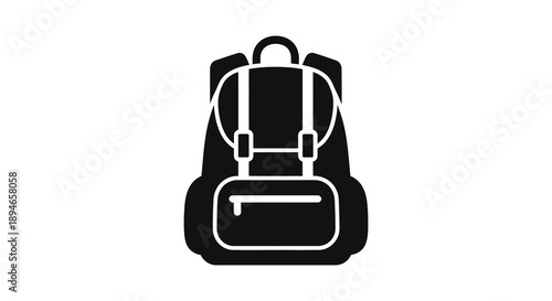 A minimalist black silhouette of a hiking backpack with visible straps and a front pocket silhouette high quality
