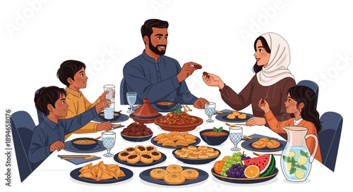 A Muslim family enjoys a traditional Suhoor meal together during Ramadan, with a variety of food and drinks on the dining table.