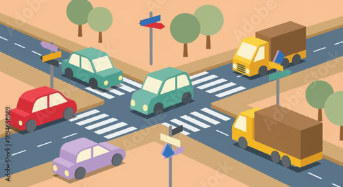 Busy city street intersection with cars and trucks.