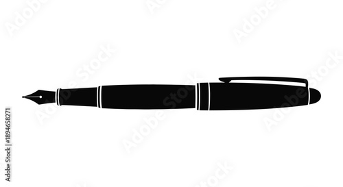 A striking black fountain pen is depicted in a clean minimalist style against a white background silhouette