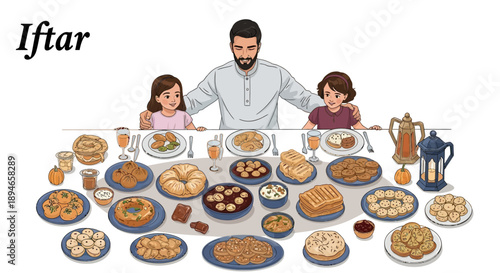 Illustration of a family, including a man, woman and two children, gathered around a table with a variety of traditional iftar and suhoor dishes, against a simple background.