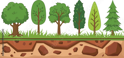A seamless row of diverse cartoon trees and grassy ground with a cross-section of soil layers showing rocks and roots