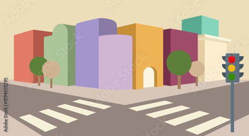 Colorful cityscape with traffic light and crosswalk.