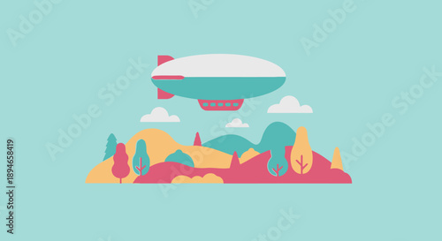 Colorful illustration of a blimp flying over a landscape.