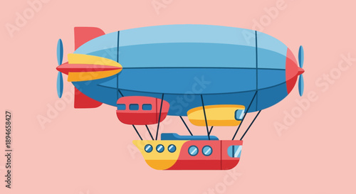 Vintage Style Blimp Airship with Propellers and Gondola.