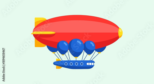 Vibrant red and blue zeppelin with yellow accents.