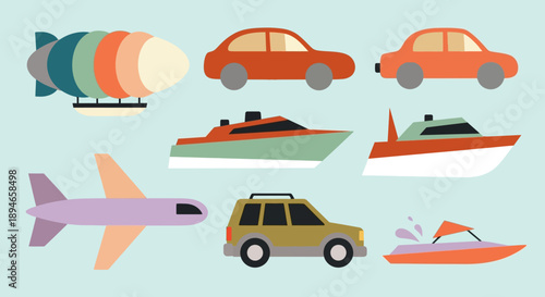 Various modes of transportation including cars, boats, and aircraft.
