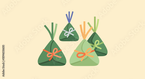Four green triangular food pouches with colorful ribbons and streamers.