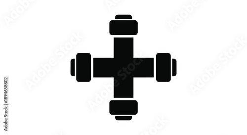 A stark black depiction of a dumbbell weight composed of simple geometric shapes presented as a silhouette