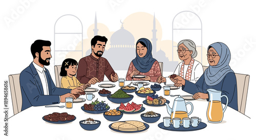 Illustration of a multicultural family sharing a meal together on a dining table with traditional Ramadan foods for iftar and suhoor.