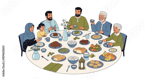 Illustration of a multi-generational family enjoying a meal together on a dining table during Ramadan, with a spread of traditional iftar and suhoor dishes.