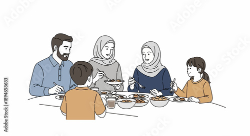 An illustration of a Muslim family sharing a meal together at a dining table during Ramadan, with a father, mother, grandmother, grandfather, and child enjoying iftar and suhoor.