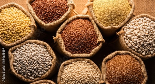 Variety of whole grains in burlap sacks, millet sorghum barley rice quinoa wheat, healthy food ingredients close up