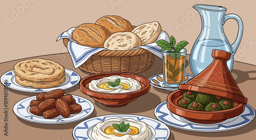 Illustration of a traditional Ramadan dining table setup with iftar and suhoor dishes, including dates, bread, and drinks, on a decorative tablecloth with ceramic plates and jugs.