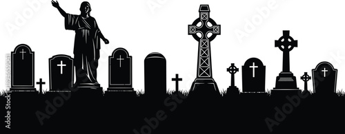cemetery, graveyard, tombstone, cross, statue, memorial, silhouette, gothic, funeral, religion, christian, monument, RIP, spooky, halloween, vector, 