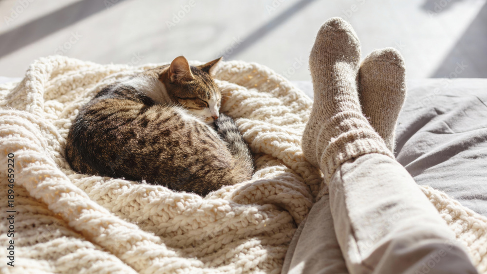 Obraz premium Cozy scene of cat curled up on cream colored blanket next to person wearing wool socks, creating warm and relaxing atmosphere