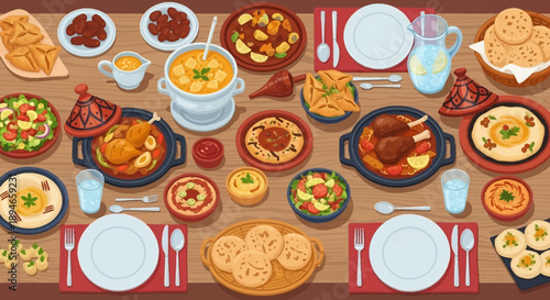 Illustration of a festive dining table set for Iftar and Suhoor with various traditional Ramadan foods and drinks.