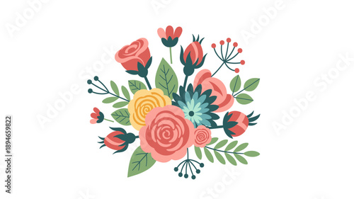 Beautifully arranged floral bouquet featuring an assortment of colorful blossoms and lush green foliage, perfect for decorative design elements.